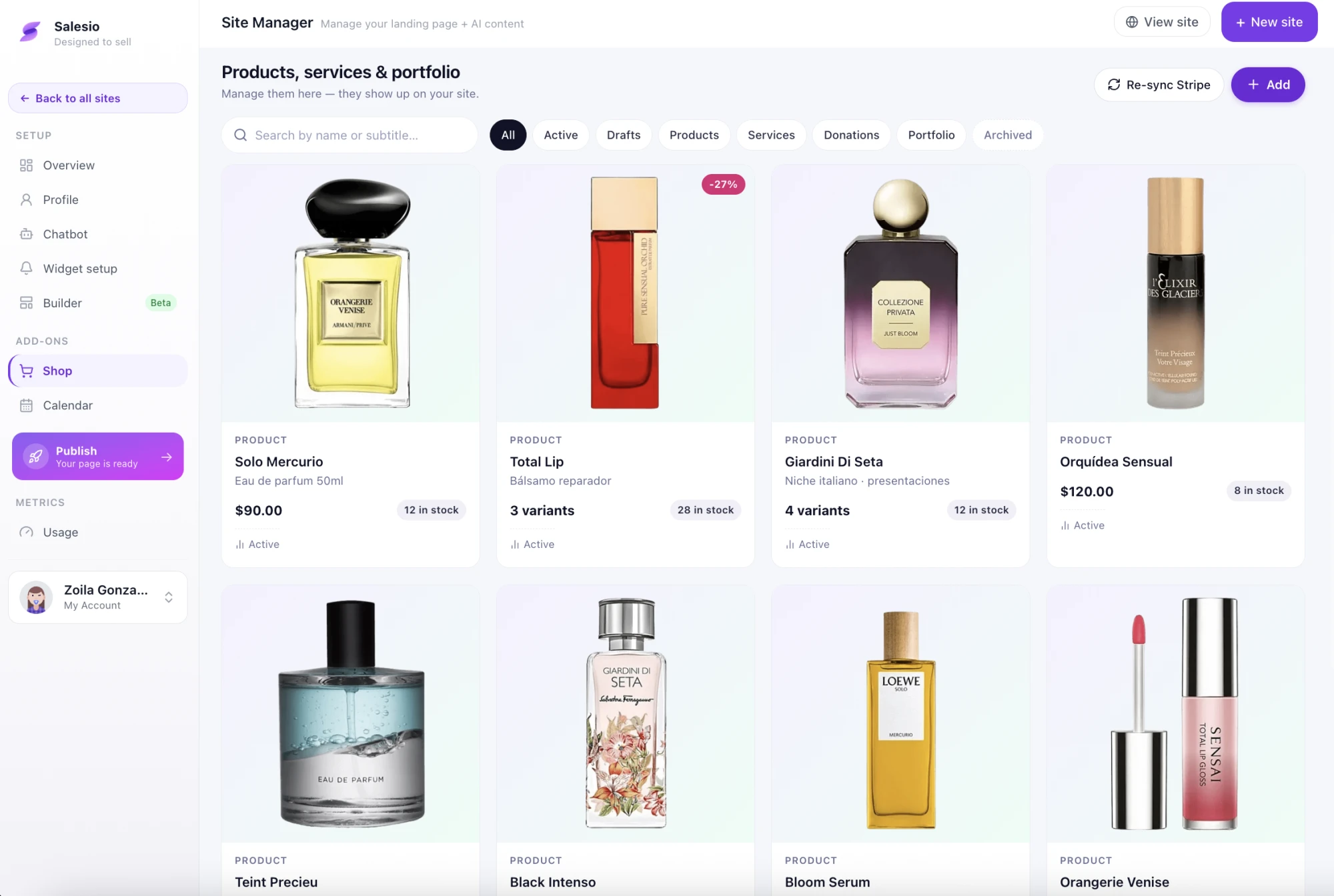 Salesio site manager — products and shop