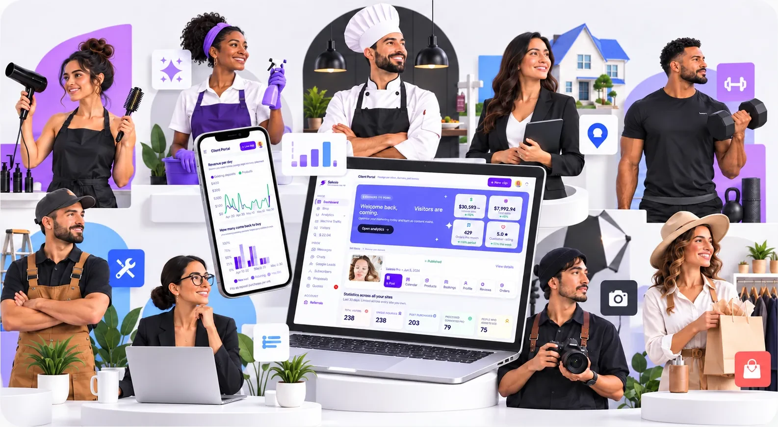 Small business owners around Salesio on a laptop and a phone